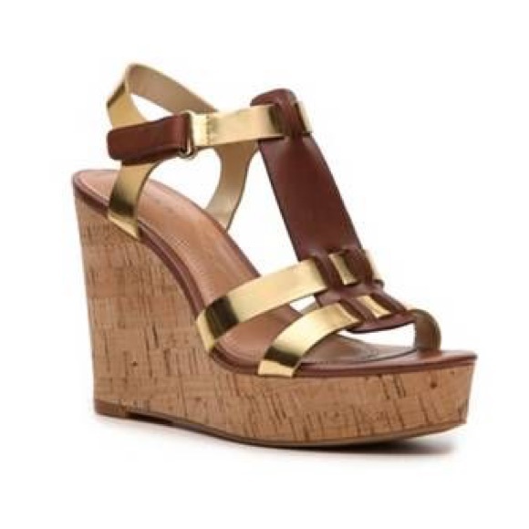 Tahari Shoes - Gold Tahari T-Strap Cork Wedges